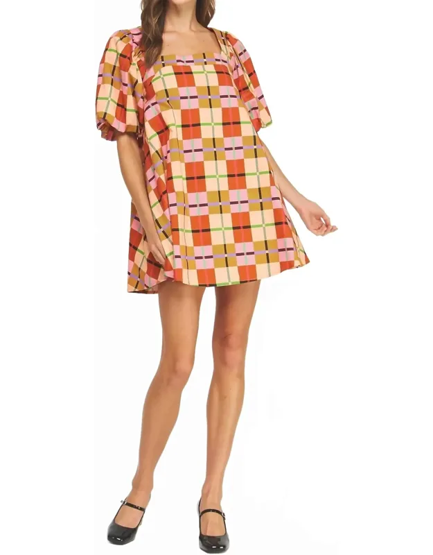 Hidden Path Puff Sleeve Plaid Dress