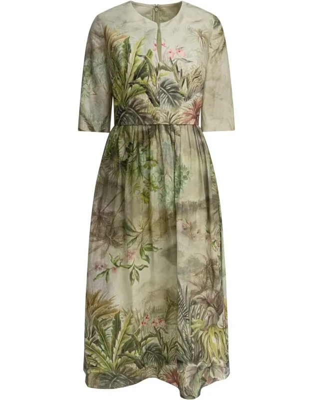 Printed Linen And Silk Midi Dress