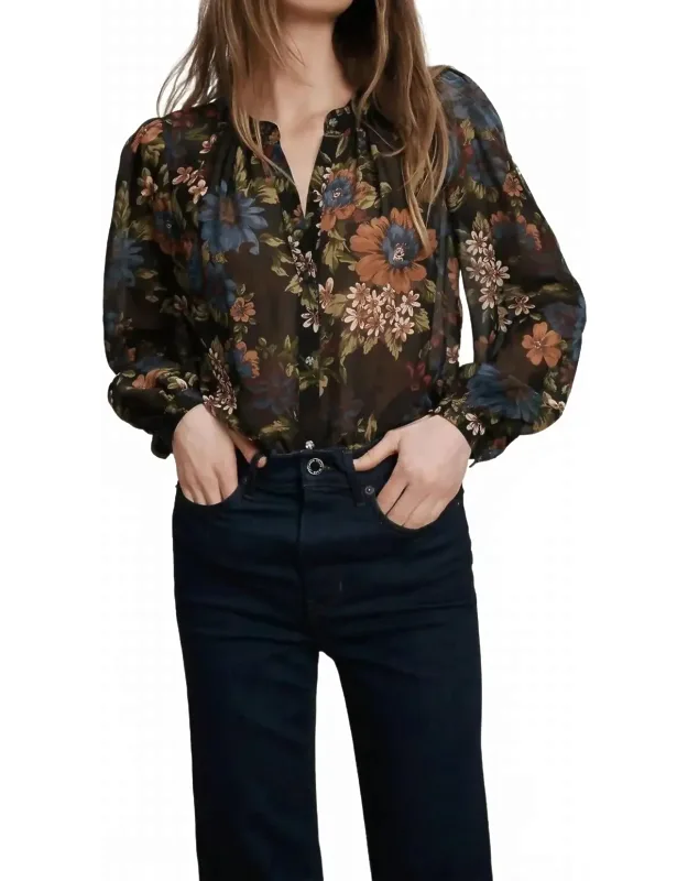 Ashlynn Blouse In Multi With Airy Blouson Sleeves And Elegant Mother-of-pearl Buttons