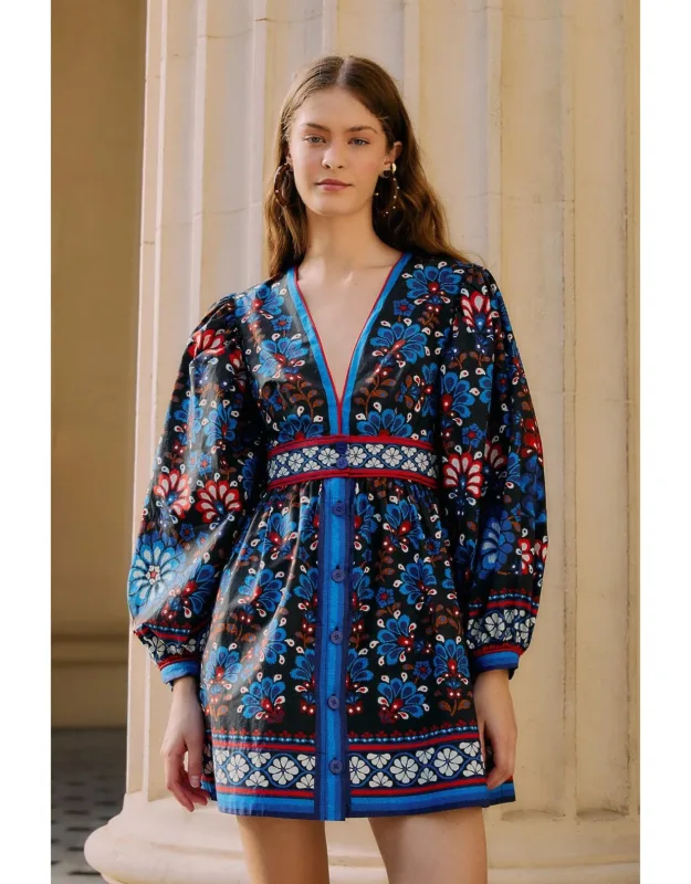 Latina Scarf Puff Sleeve Organic Cotton Mini Dress
