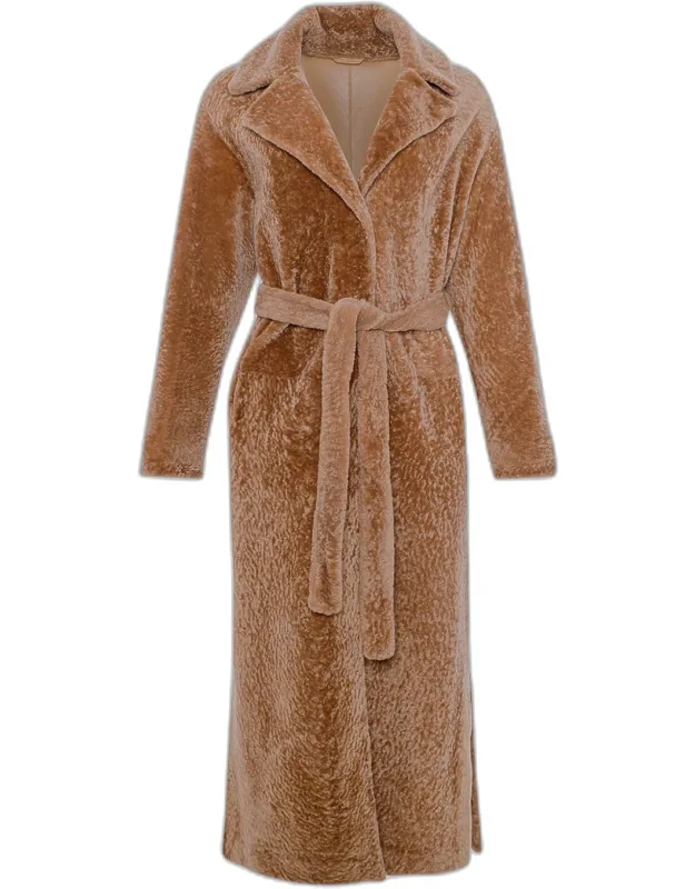 Reversible Shearling Lamb Belted Long Coat With Side Slits