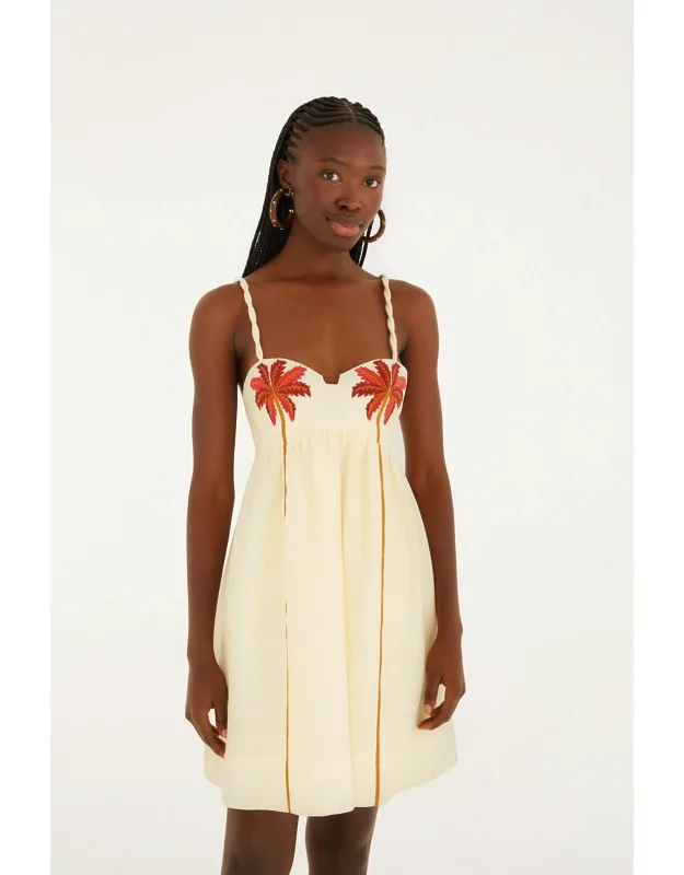 Coconut Tree Embroidered Euroflax Premium Linen Mini Dress
