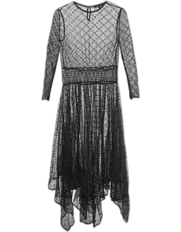 Glittered Stretch Mesh Sheer Handkerchief Midi Dress