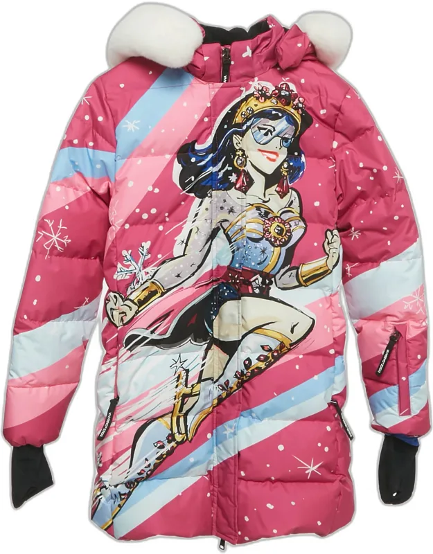 Printed Synthetic Fur Trim Down Jacket