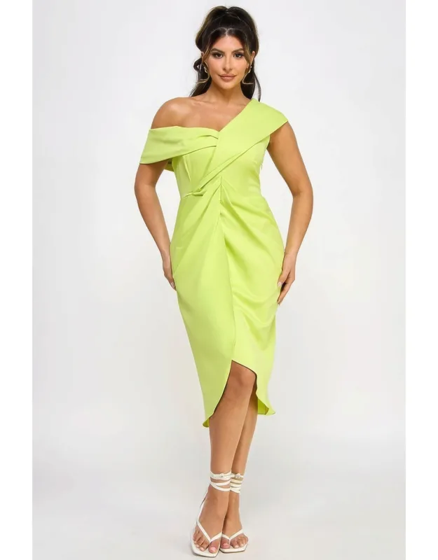 Off Shoulder Twist Front Midi Dress With Tulip Skirt