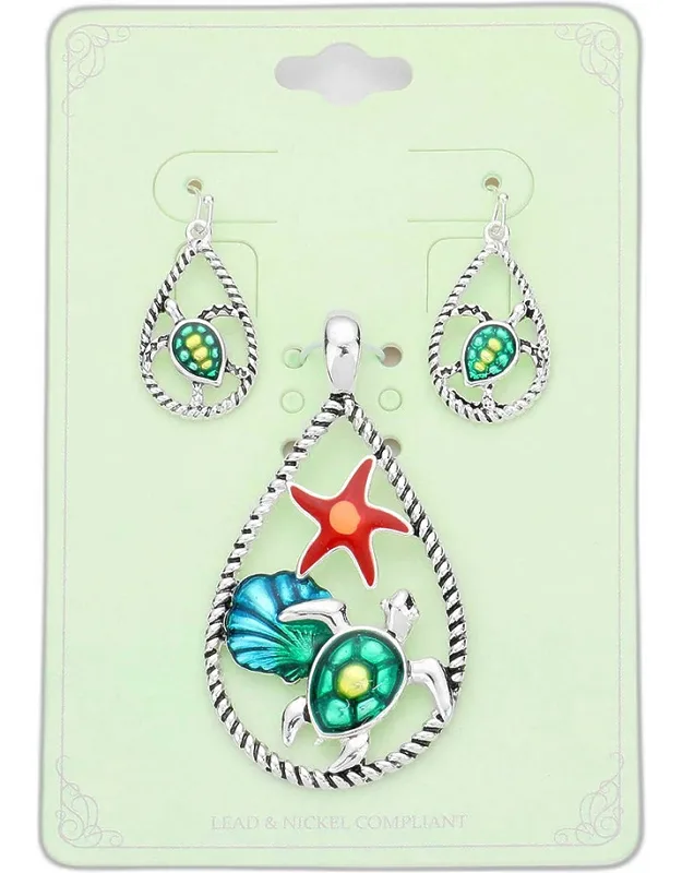 Enamel Starfish Shell Turtle Accented Open Teardrop Pendant Set