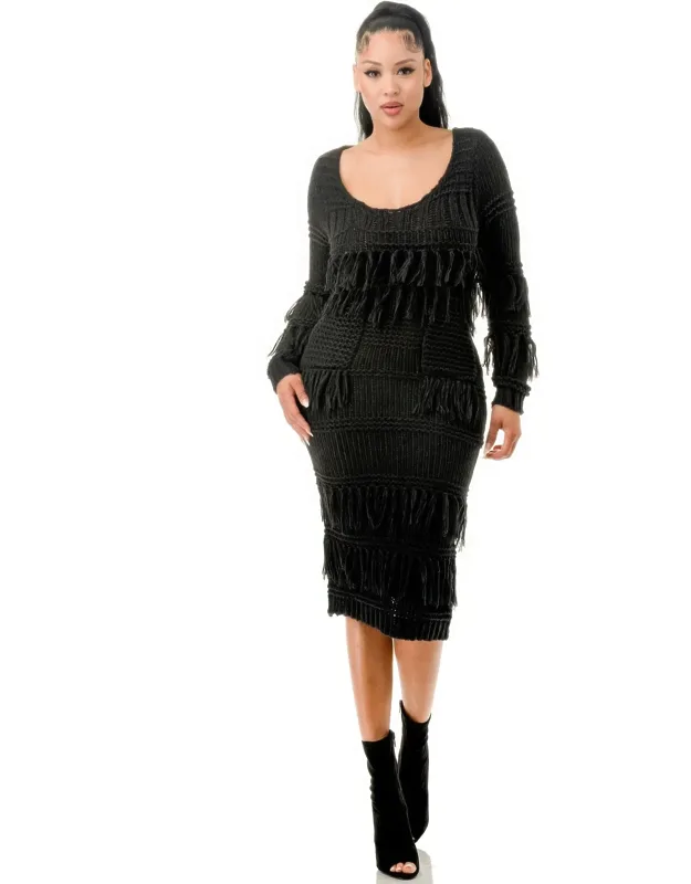 Knit Long Sleeve Fringe Dress