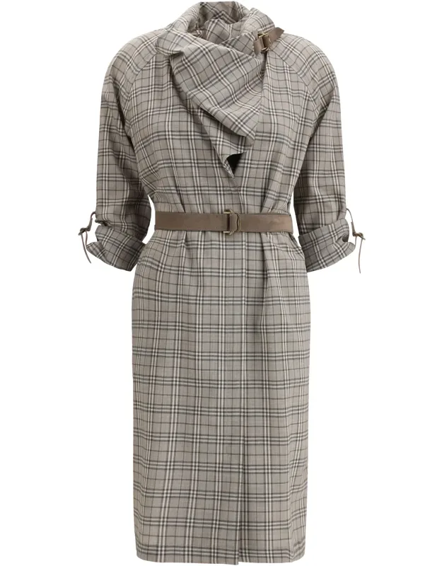 Wool Check Dress With A Shawl Collar