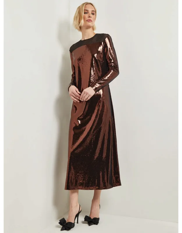 Modern Fit Sheer Shoulder Sequin A-line Maxi Dress