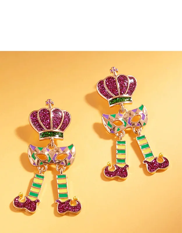 Glitter Enamel Mardi Gras Jester Crown Mask, Shoes, Link Drop Earrings