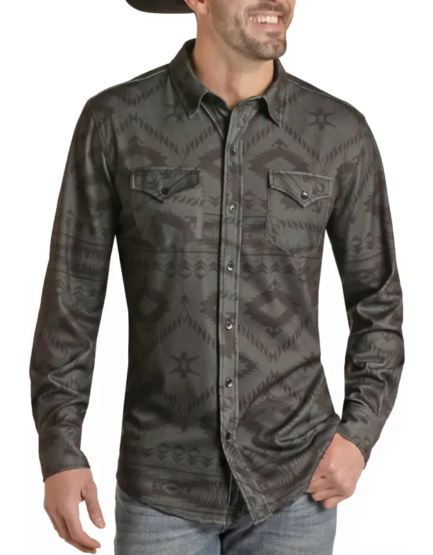 Long Sleeve Knit Print Button Up Shirt