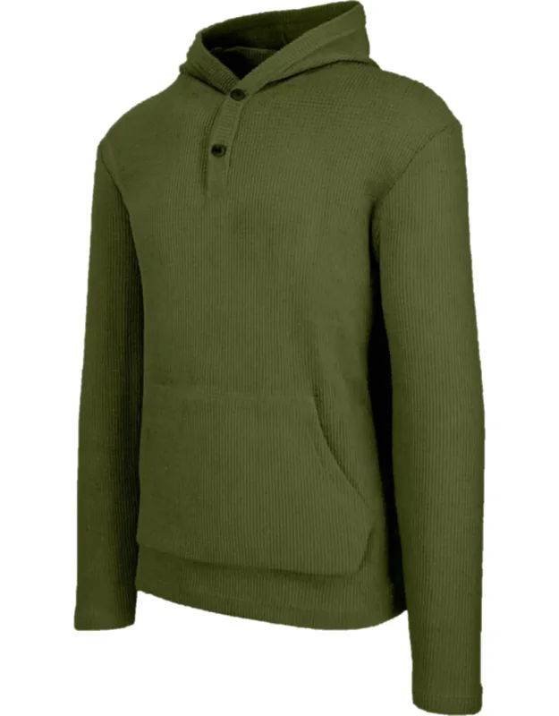 Loose Fit Waffle Knit Thermal Henley Pullover Hoodie