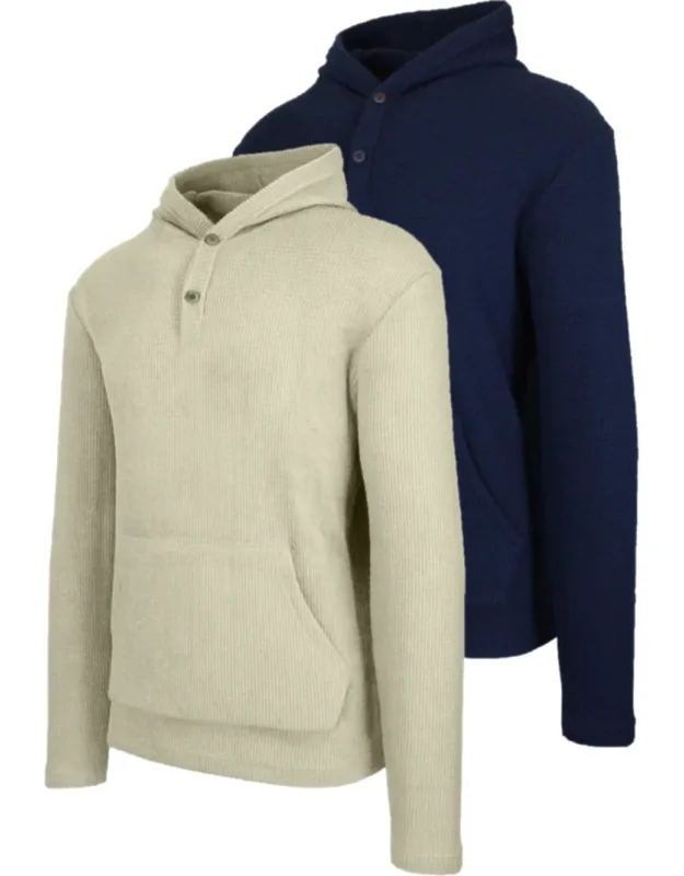 Loose Fit Waffle Knit Thermal Henley Pullover Hoodie - 2 Pack