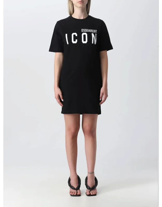 Dress In Cotton Casual Style Regular Fit Contrasting Printed Logo Crew Neckline Ribbed Profile