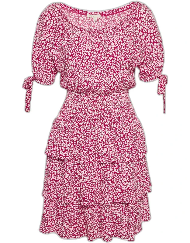 Animal Printed Crepe Tiered Off-shoulder Mini Dress