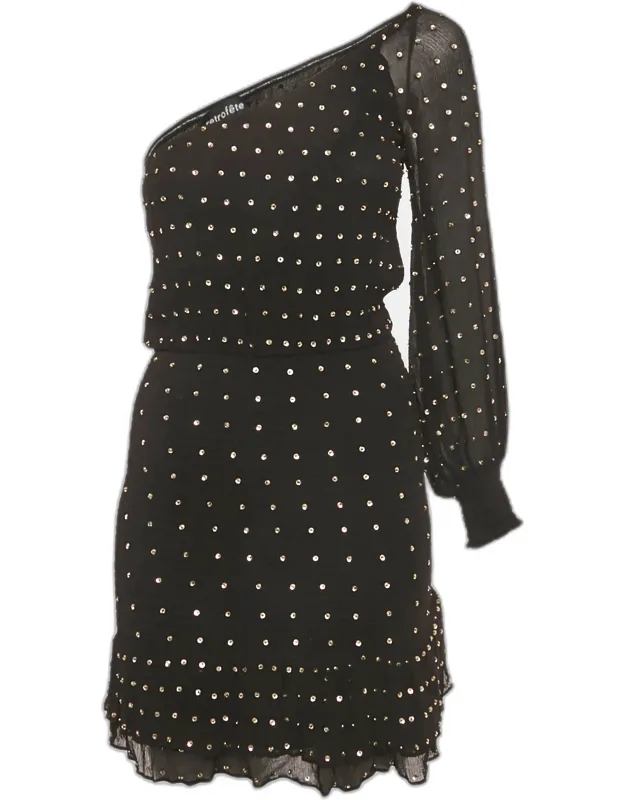 Sequin Embellished Silk One Shoulder Mini Dress