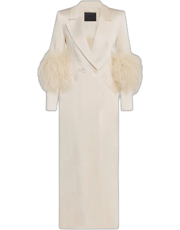 Feather-trim Satin Double Breasted Long Coat