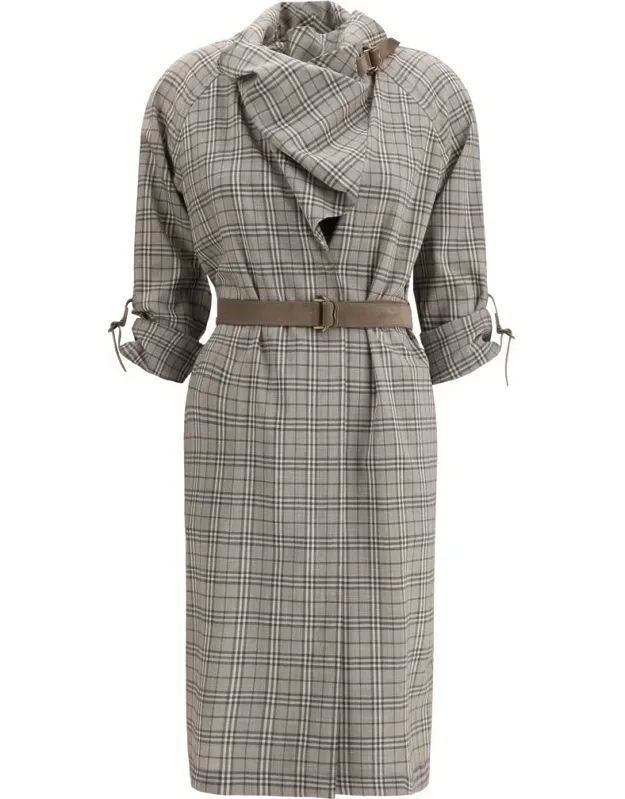 Burberry Wool Check Shawl Collar Dress With Adjustable Sleeves