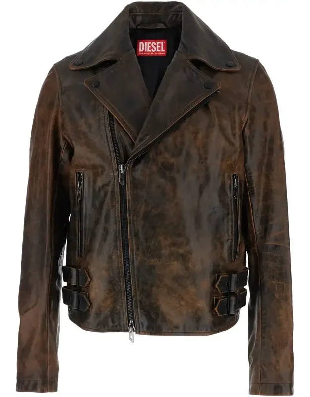 Biker Jacket With Classic Wide Lapel And Distressed Look In Leather