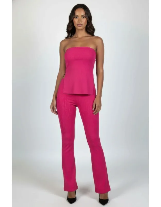 Ribbed Slit Tube Top & High-waist Flare Pants