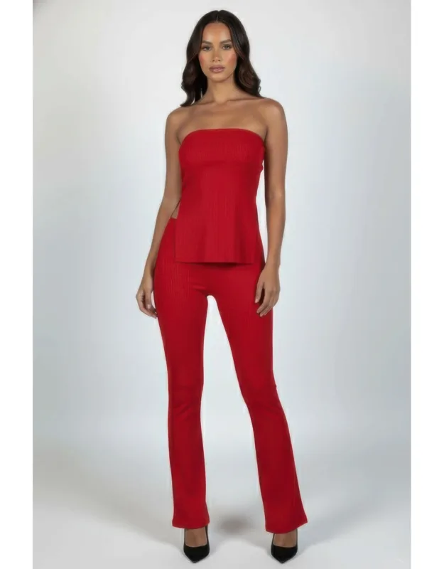 Ribbed Slit Tube Top & High-waist Flare Pants