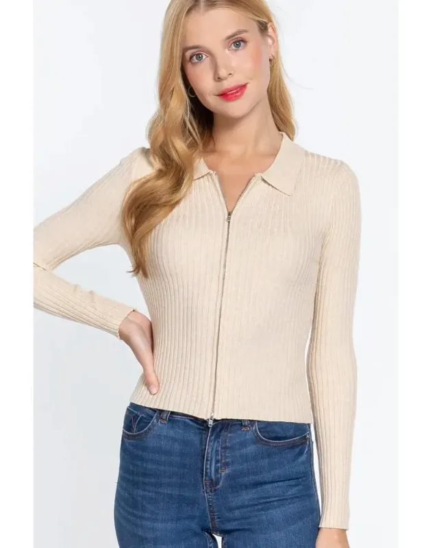 Notched Collar Zippered Sweater