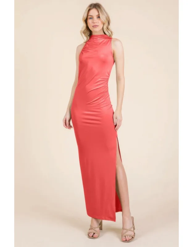 Back Cut Out Side Shirring Maxi Dress, Luxurious Microfiber Jersey