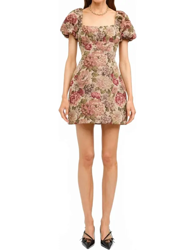 Floral Jacquard Puff Sleeve Dress