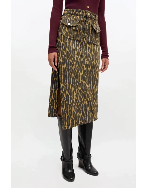 Leopard Print Denim Midi Skirt