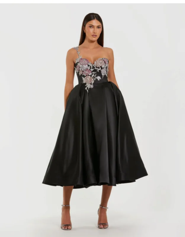 One Shoulder Satin Midi Dress With Beaded Flowers