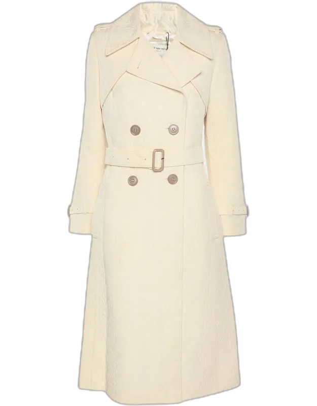 Cream Jacquard Wool Belted Long Coat
