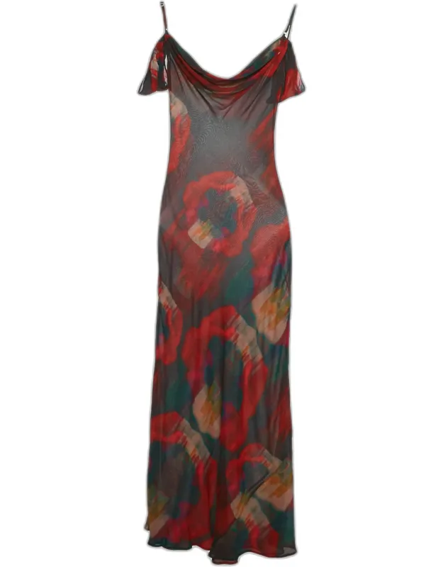 Multicolor Printed Crepe Cold Shoulder Sheer Maxi Dress