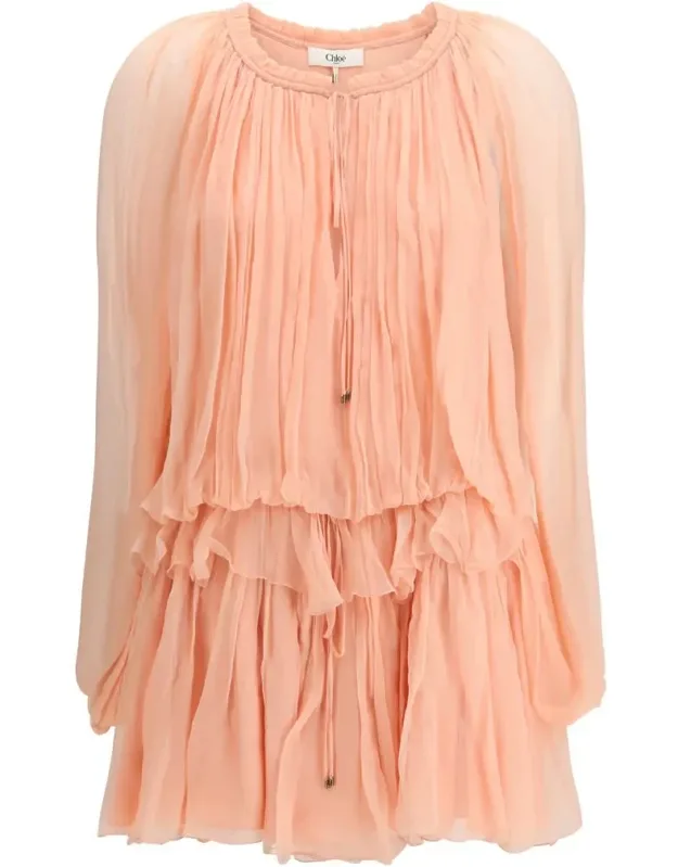 Silk Muslin Cape Mini Dress With Ruffled Silhouette And Adjustable Drawstrings
