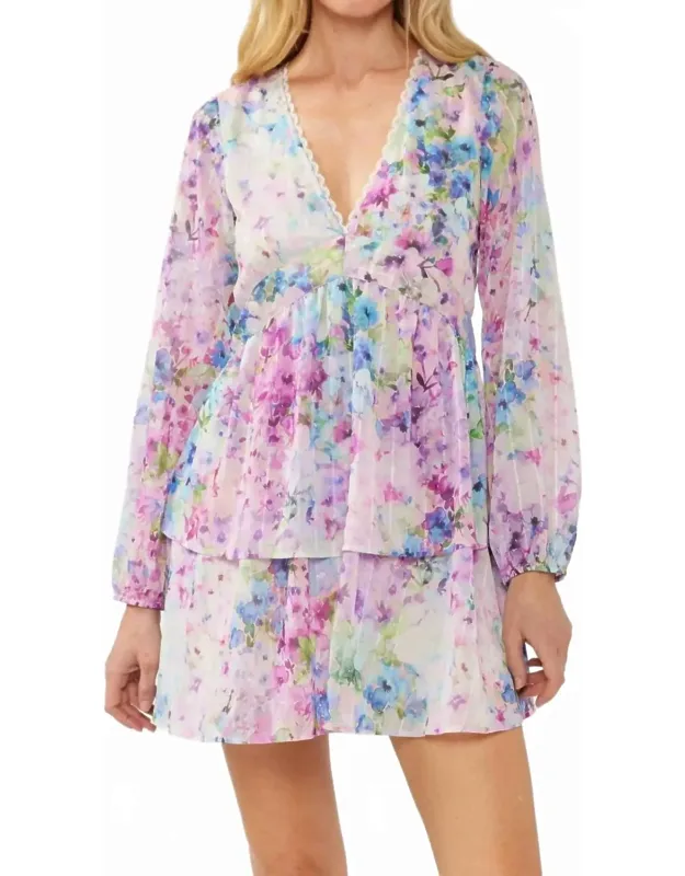 Watercolor Flower V-neck Tiered Mini Dress