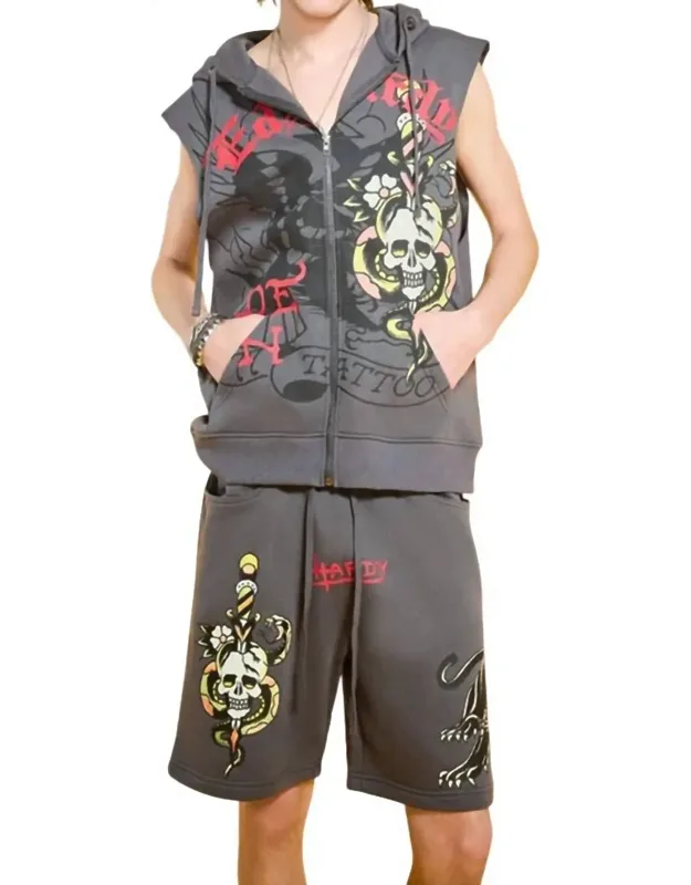 Panther Skull Fleece Zip Up Cut Off Hoodie