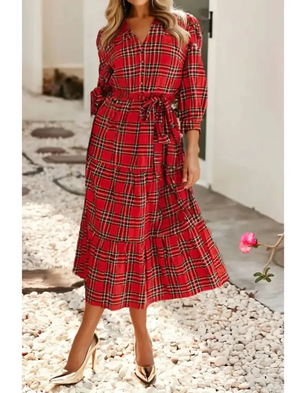 Plaid Tie Waist Ruffle Hem Midi Dress