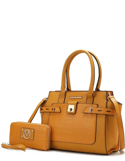Isla Crocodile Embossed Vegan Leather Satchel Bag With Wallet - 2 Pieces