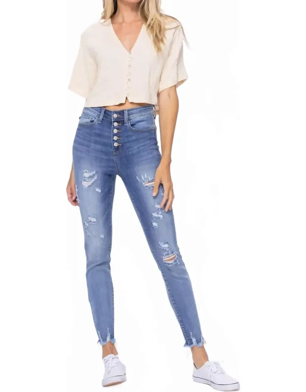 High Waist Destroyed Button Fly Skinny Jeans