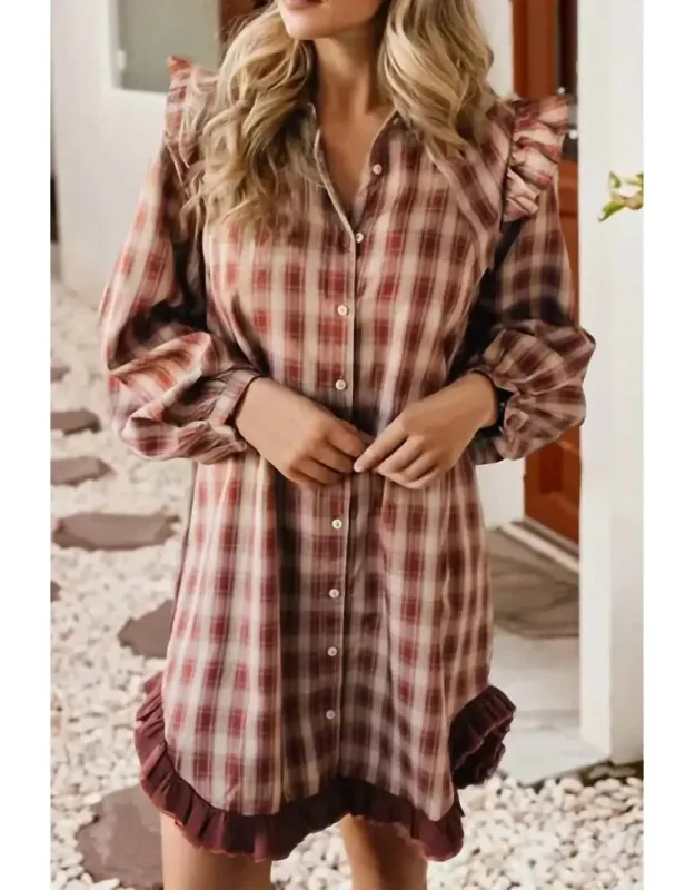 Plaid Ruffle Mini Shirt Dress