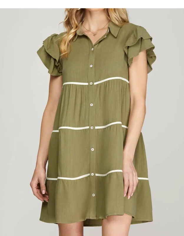 Ruffle Sleeve Woven Tiered Button Down Dress