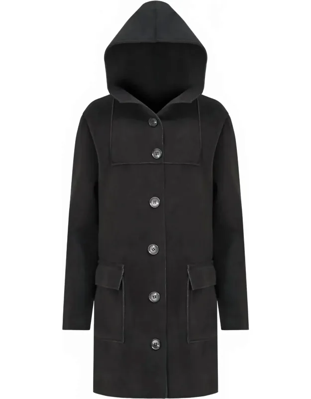 Woven Hooded Button Long Coat