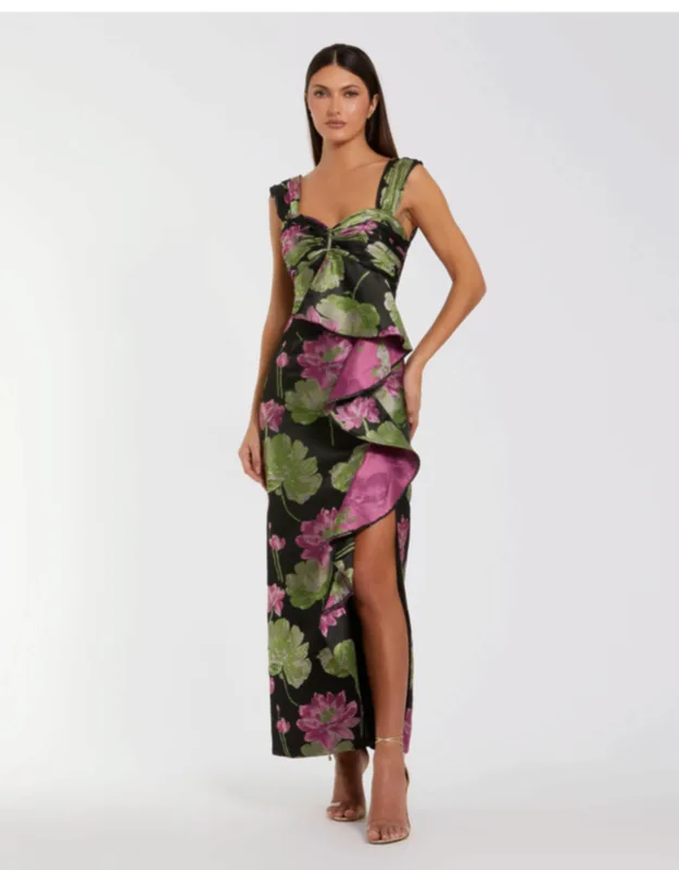Brocade Wide Strap Ankle Length Dress With Ruffle