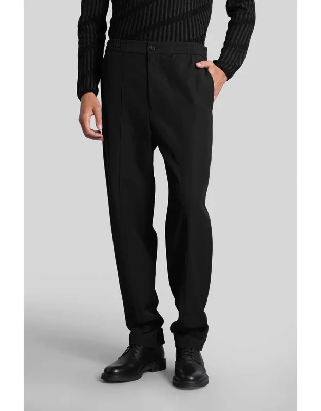 Pants In Black Wool, Elastic Waist, Button And Zip Closure, American Pocket, Flap Back Pockets, Straight Leg, 100% Virgin Wool, Made In Bulgaria