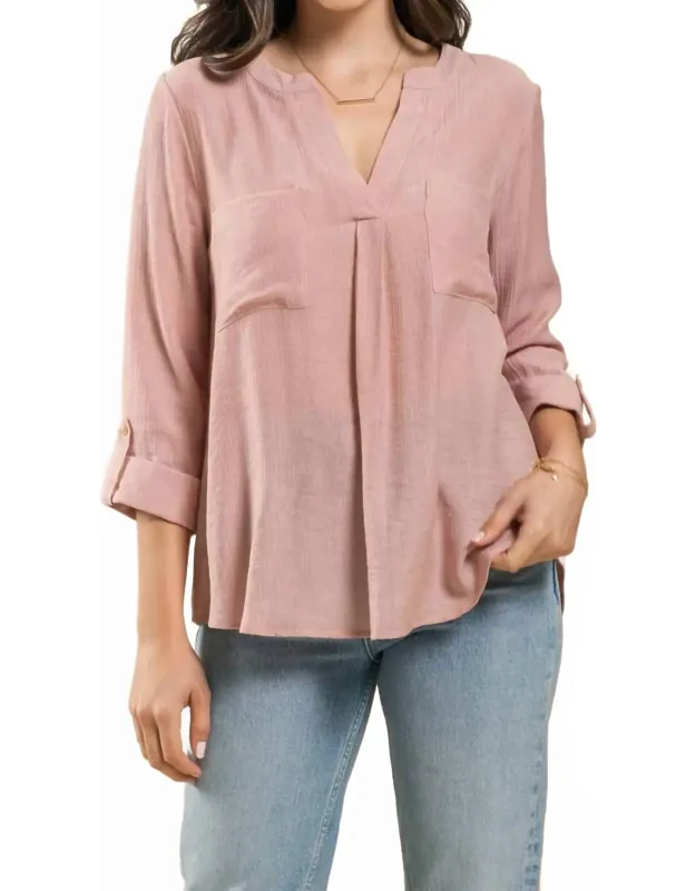 Split Neck Back Button Three Quarter Tab Sleeve Top