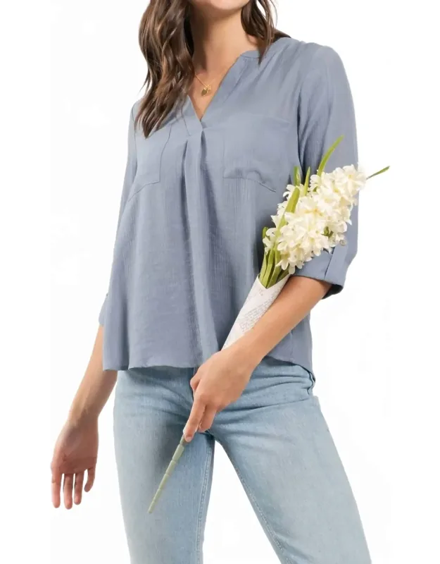 Split Neck Back Button Three Quarter Tab Sleeve Top