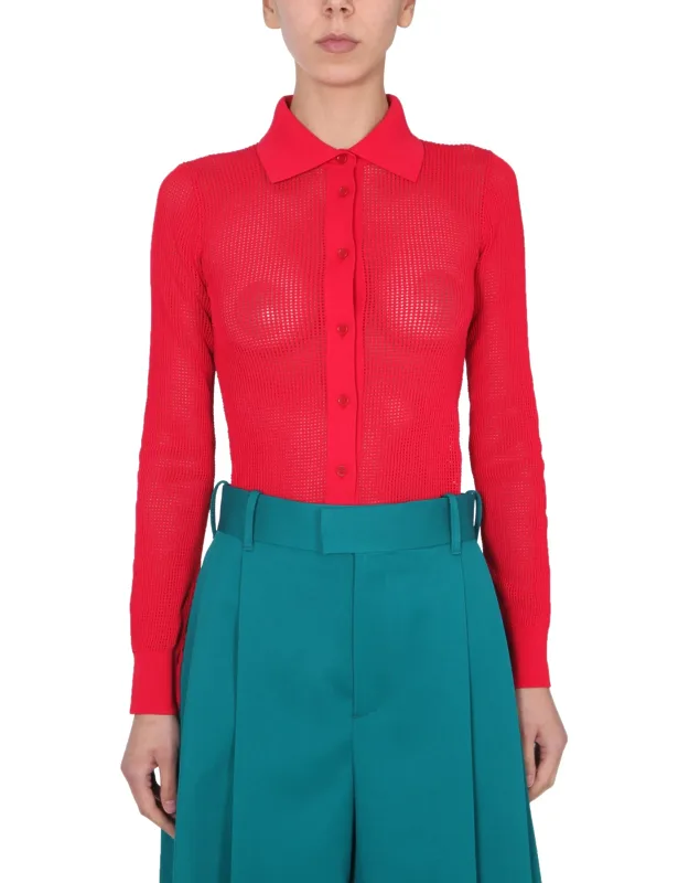 Mesh Cardigan With Pointed Collar And Front Button Closure
