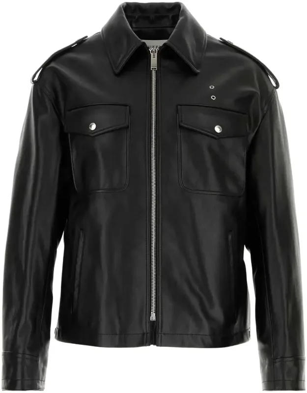 Black Leather Jacket With Pointed Collar And T-bar Chain Detail