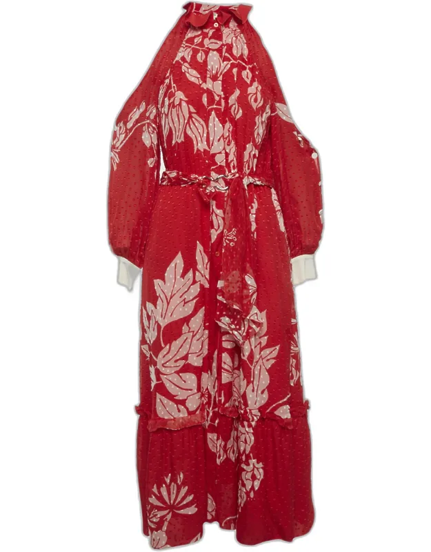 Floral Print Brocade Mock Neck Maxi Dress