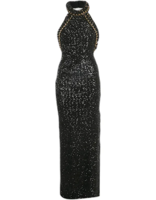 Sequin Chain Detail Halter Neck Maxi Dress