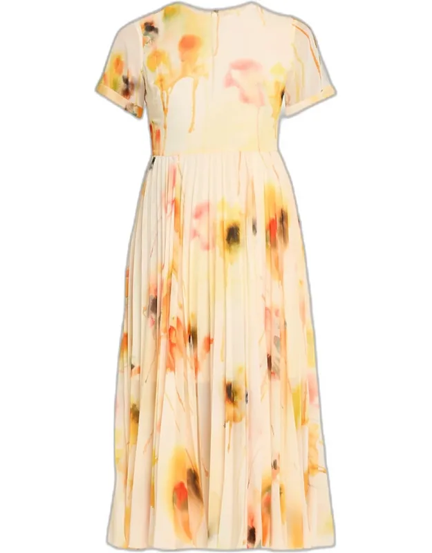 Pleated Watercolor-print Midi Dress